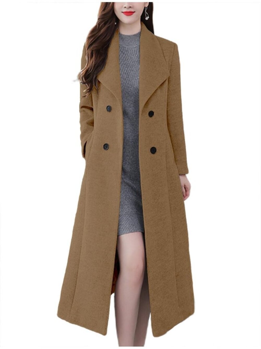 Women's Camel Wool Maxi Long Shawl Collar Double Breasted Classic Trench Coat